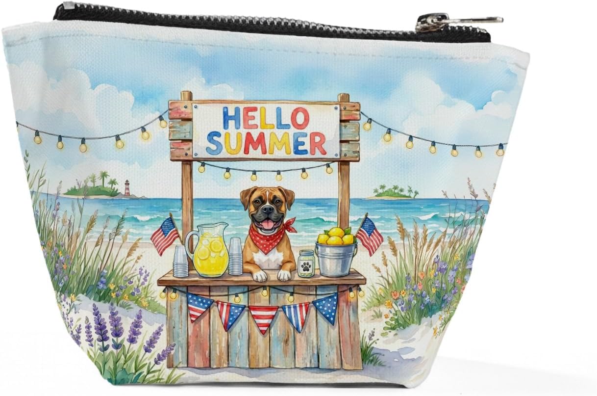 Boxer at patriotic Hello Summer beach lemonade stand Cosmetic Makeup Bag Boxers Dog Lover Gifts Idea Travel Zipper Accessories Pouch 23005