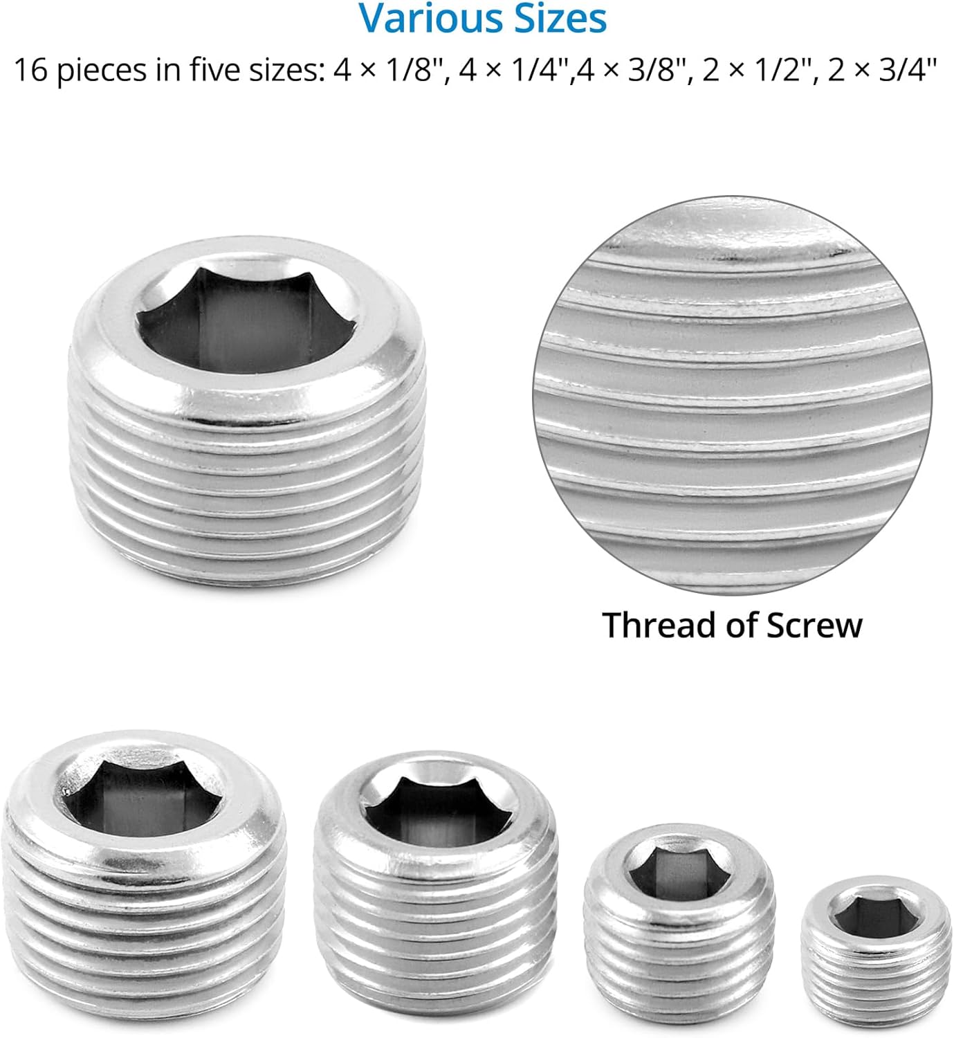 QWORK 304 Stainless Steel Pipe Fitting Kit Hex Countersunk Plug Assortment Set with NPT Male Thread 16 Pcs