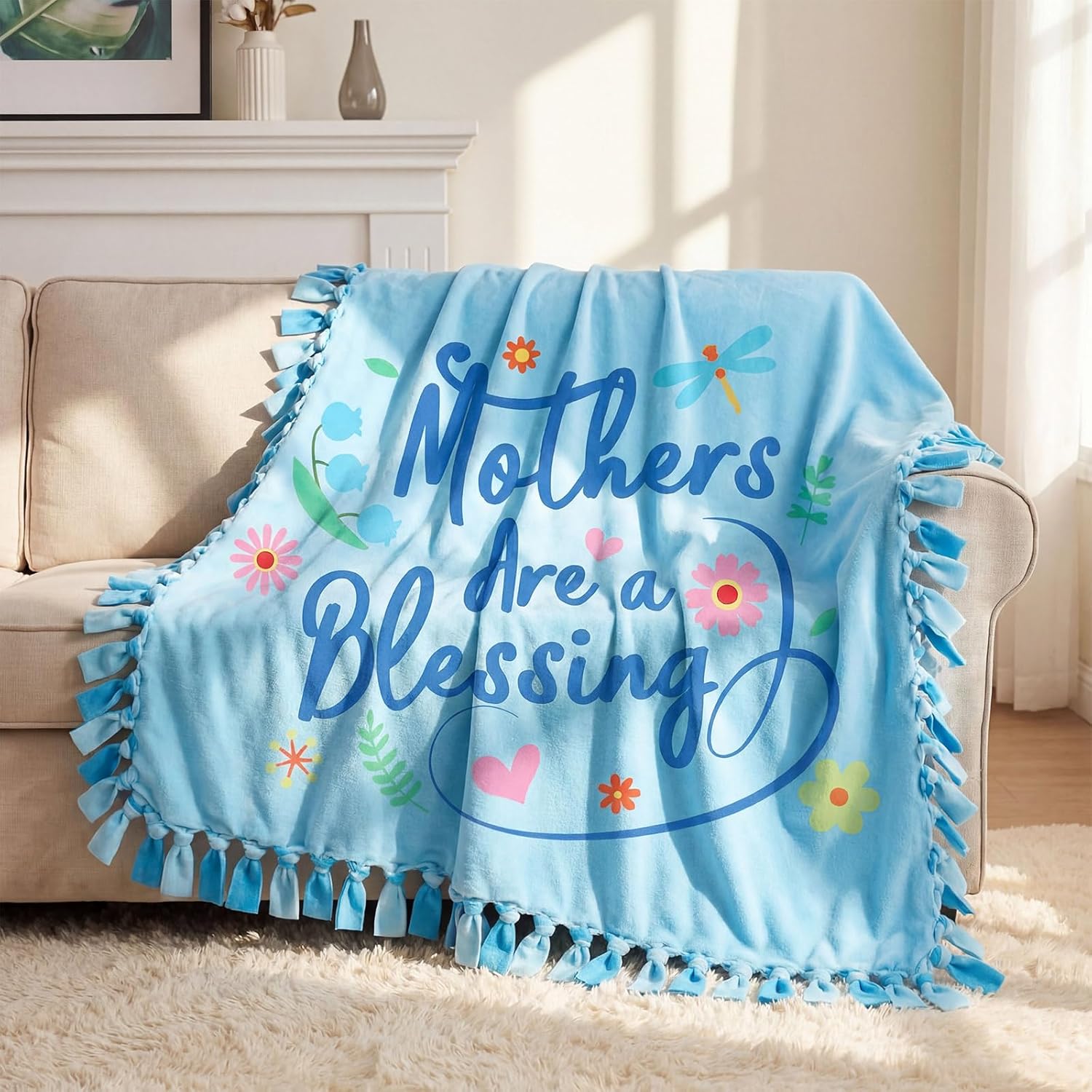 Mindsoft 2 Pcs/1 Set Mother's Day DIY Tie Blankets Fleece No Sew Blanket 50" x 60" No Sew Fleece Fabric DIY Throw Making Mothers are a Blessing Throw Blanket Mom Appreciation Gifts for Bed Couch