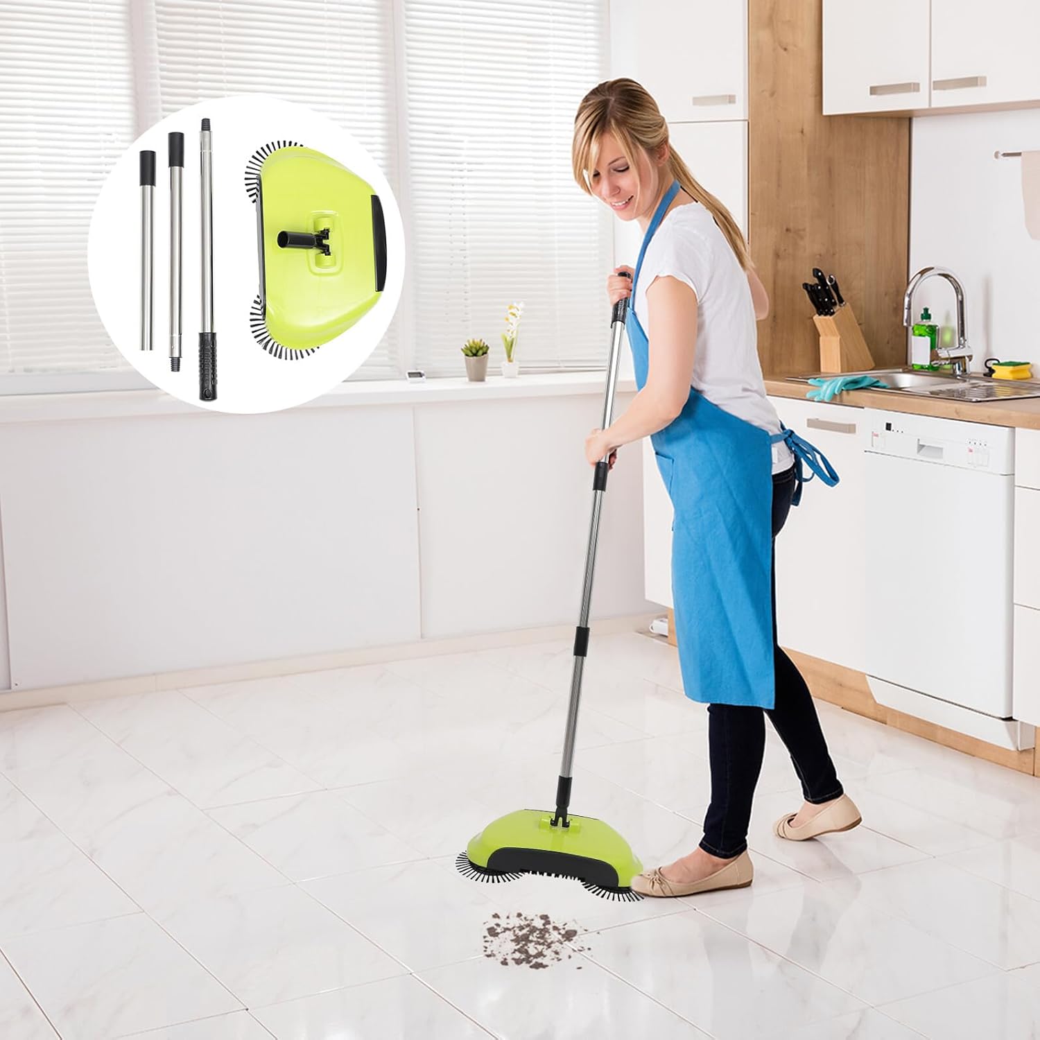 Manual Floor Sweeper Push Broom Dustpan Trash Bin Pet Roller Brush 360° Rotating Mop for Hard Flat Floors