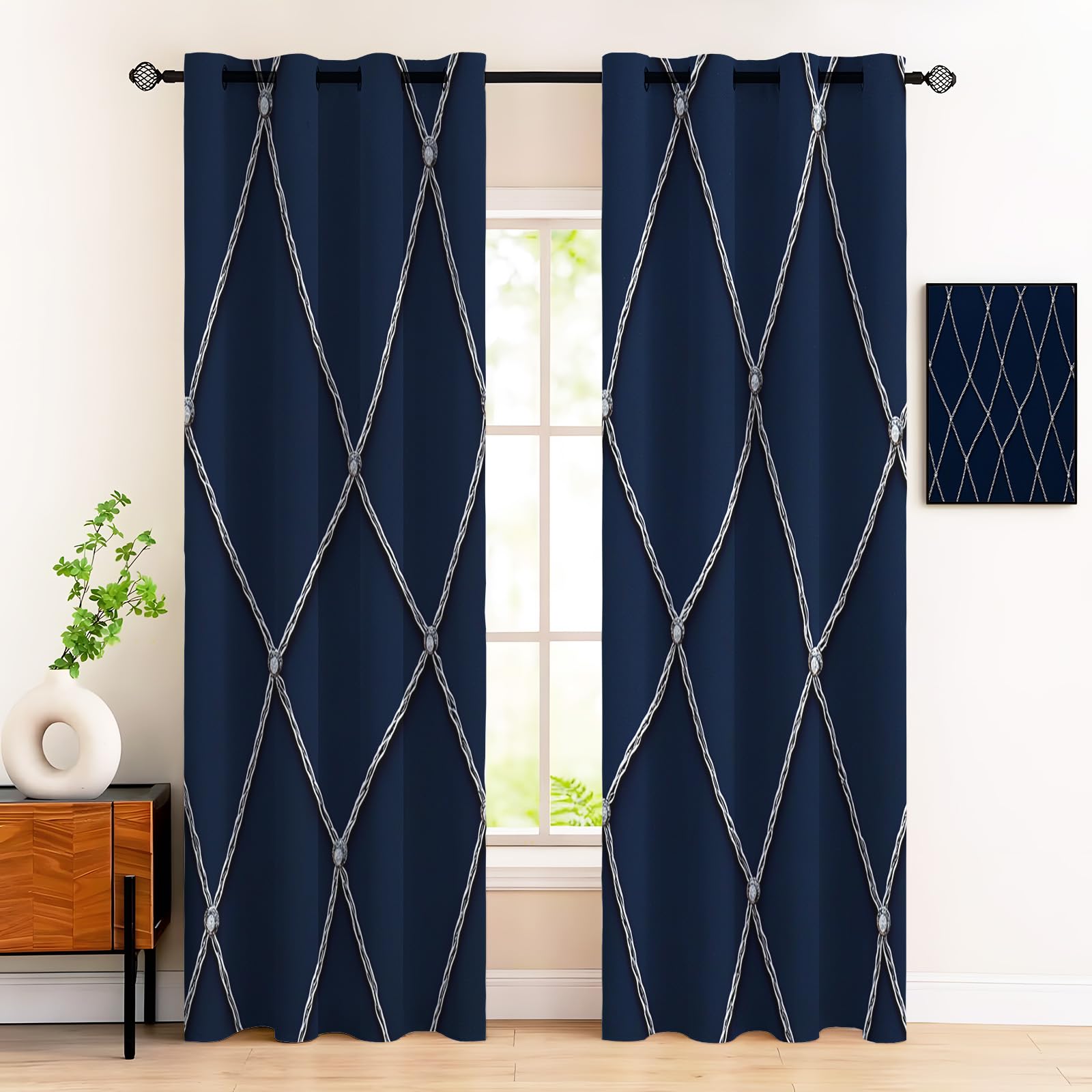 Rideau occultant bleu foncé 140x225 cm avec motifs géométriques pour chambre enfant