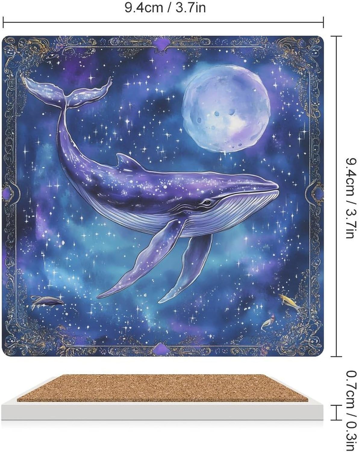 Humpback Whale Moon Print Ceramic Coasters Set Square Drink Coasters Table Coaster for Kitchen Desktop Decor