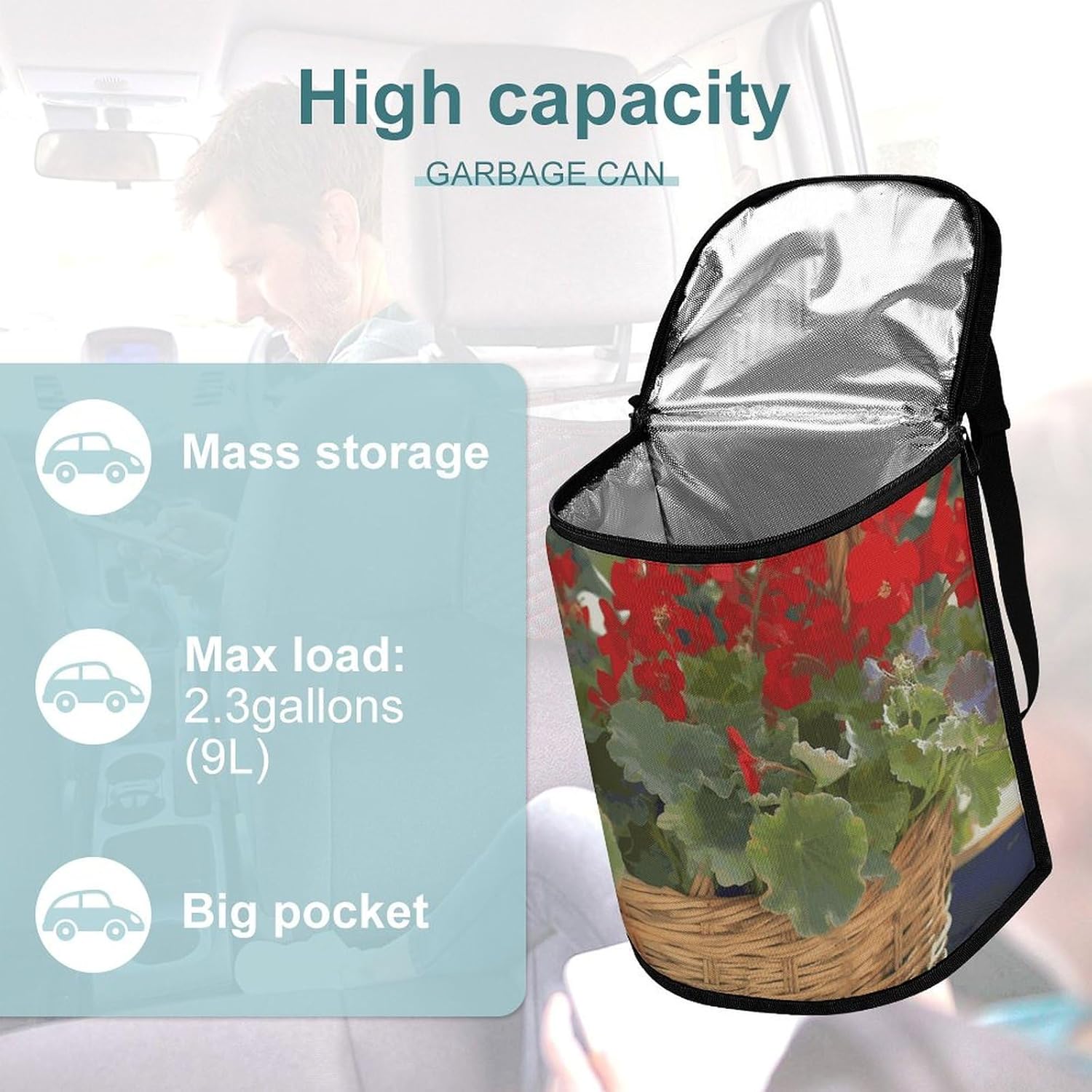 Hanging Car Trash Bag Geranium Basket Printed Car Garbage Storage Bag Leakproof Car Trash Can Portable Garbage Storage Bags
