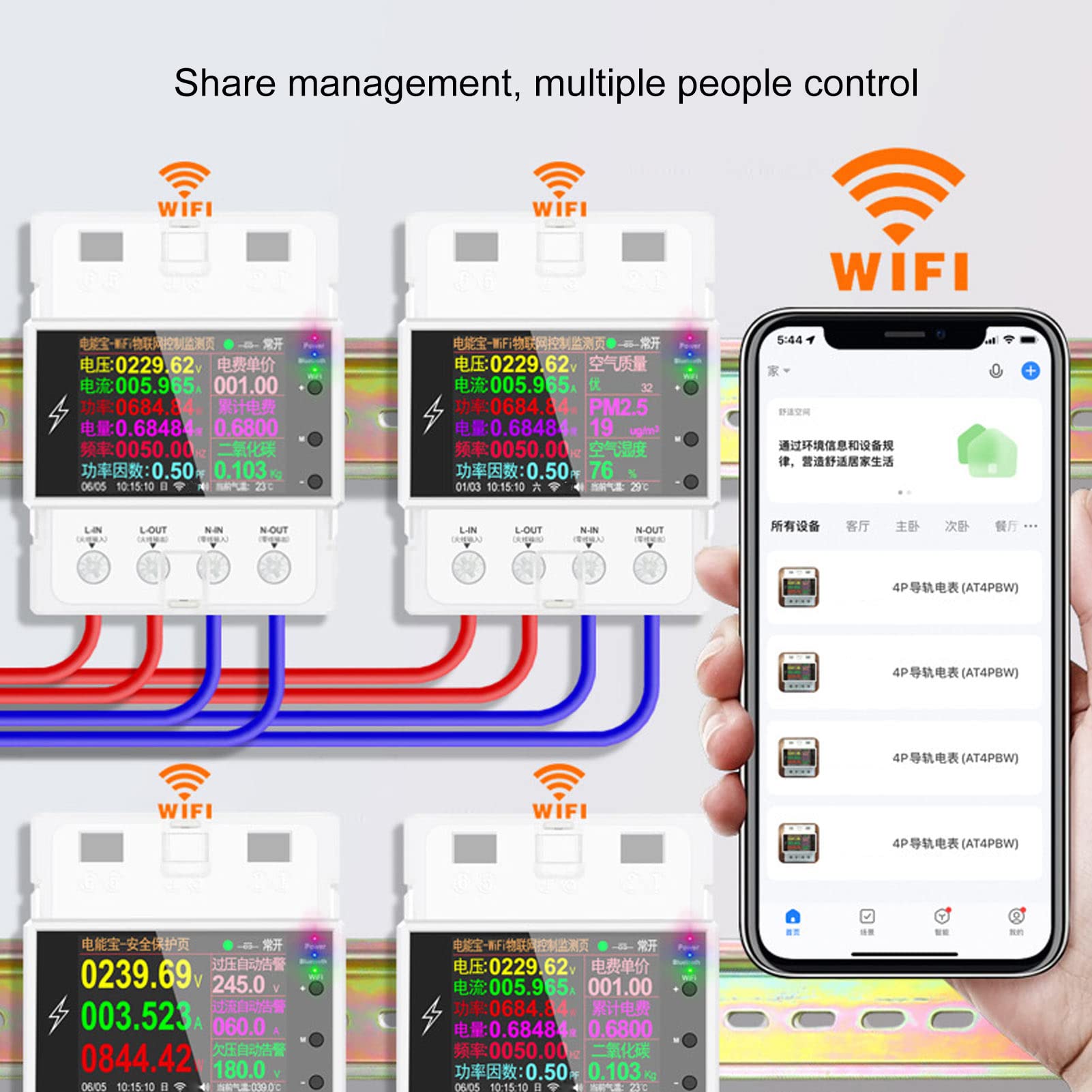 Luocute Medidor de Energía Eléctrica Inteligente, Medidor de Energía Ferroviaria DIN de 2.4in TFT, Monitor WiFi, Control Remoto, Medición de Energía, para el Hogar u Oficina, Ahorro de