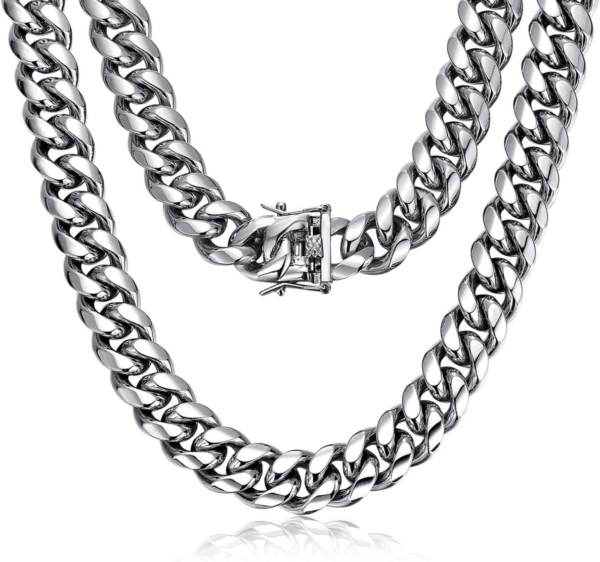 Miami Cuban Link Chain for Men 15mm Silver Stainless Steel Curb Necklace, Hip Hop Jewelry, Durable & Anti-Tarnish Mens Chain 18" 20" 22" 30" Inch, Pops Gifts For Fathers Boyfriends, Sons
