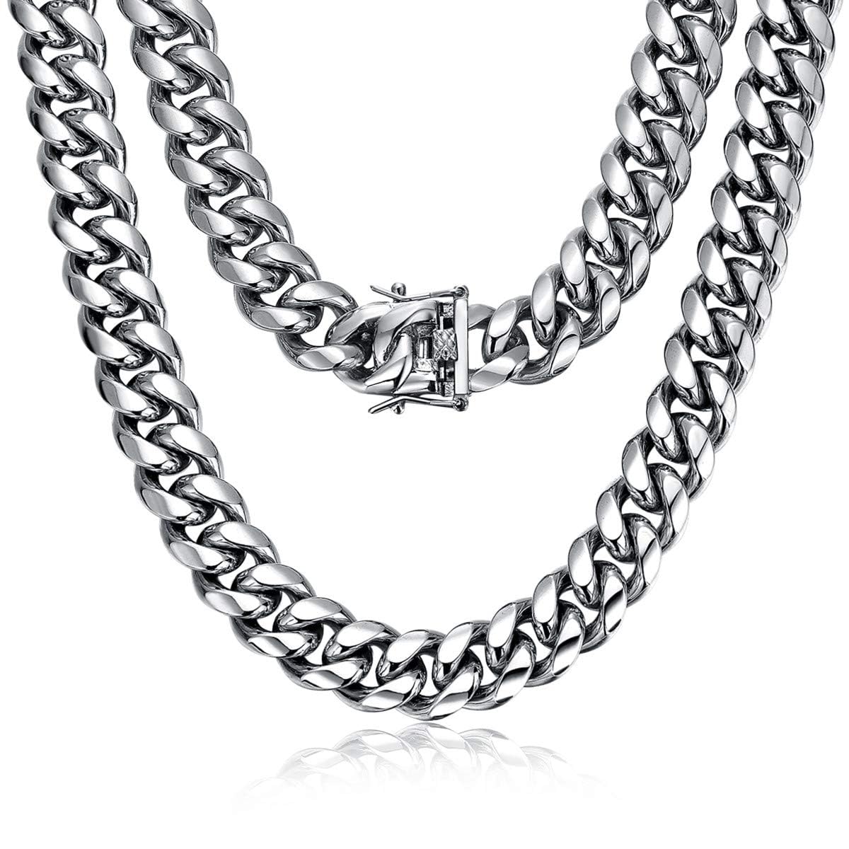 ROWIN&CO Mens Miami Cuban Link Chain Silver Heavy Stainless Steel Curb Chain Necklace Hip hop Punk Jewelry Choker Chain, 15mm Width/ 18-35 inch Lengths.