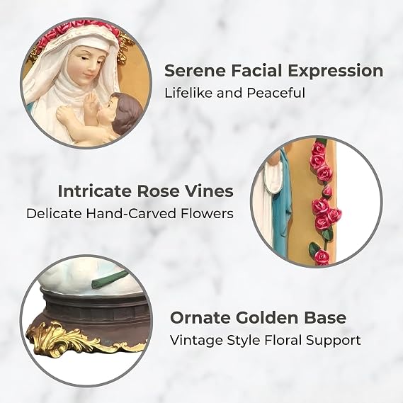 MeritMode Virgin Mary Statue, Madonna And Child, Catholic Gift For Women | Hand-Painted Resin, 30 cm Tall, Gold Halo, Red Rose Frame, Shelf, Mantelpiece, Home Altar