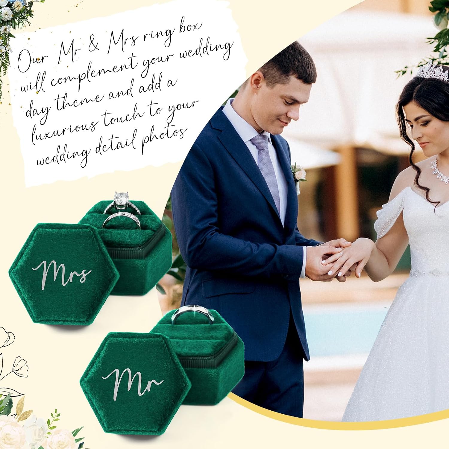 Mr & Mrs Velvet Wedding Ring Box 2 Slots Cursive Hexagon Jewelry Ring Box for Wedding Day Ceremony Bridal Photography Gift Set of 2 (Emerald Green) image 5