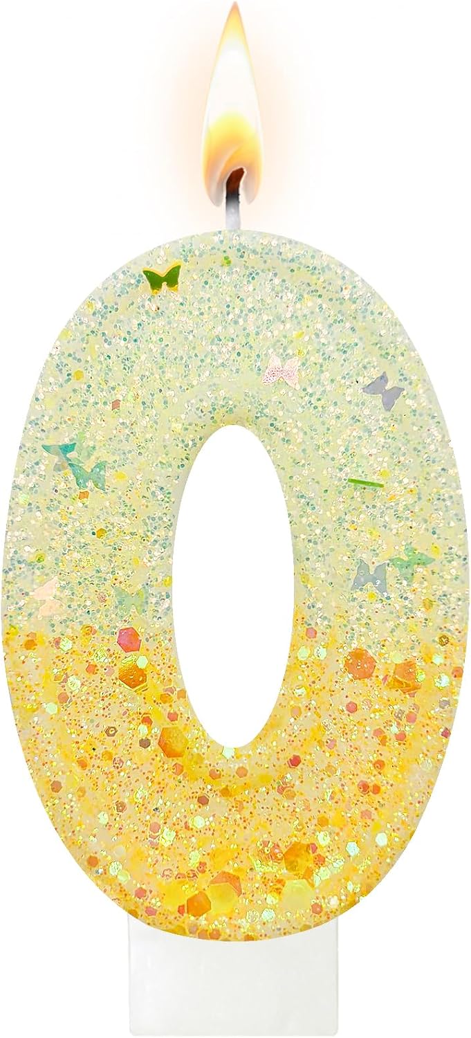 Gold & White Iridescent Glitter Number 0 Birthday Candle - Sparkly Cake Topper for Birthday Decorations Supplies, Glam Party Favors (Yellow White, 0)