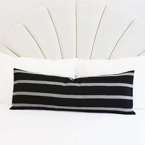 Miniatura 2 de Slow Cow Fundas de almohada rectangulares de lino blanco y negro a rayas decorativas para sofá lumbar de 12 x 33 pulgadas
