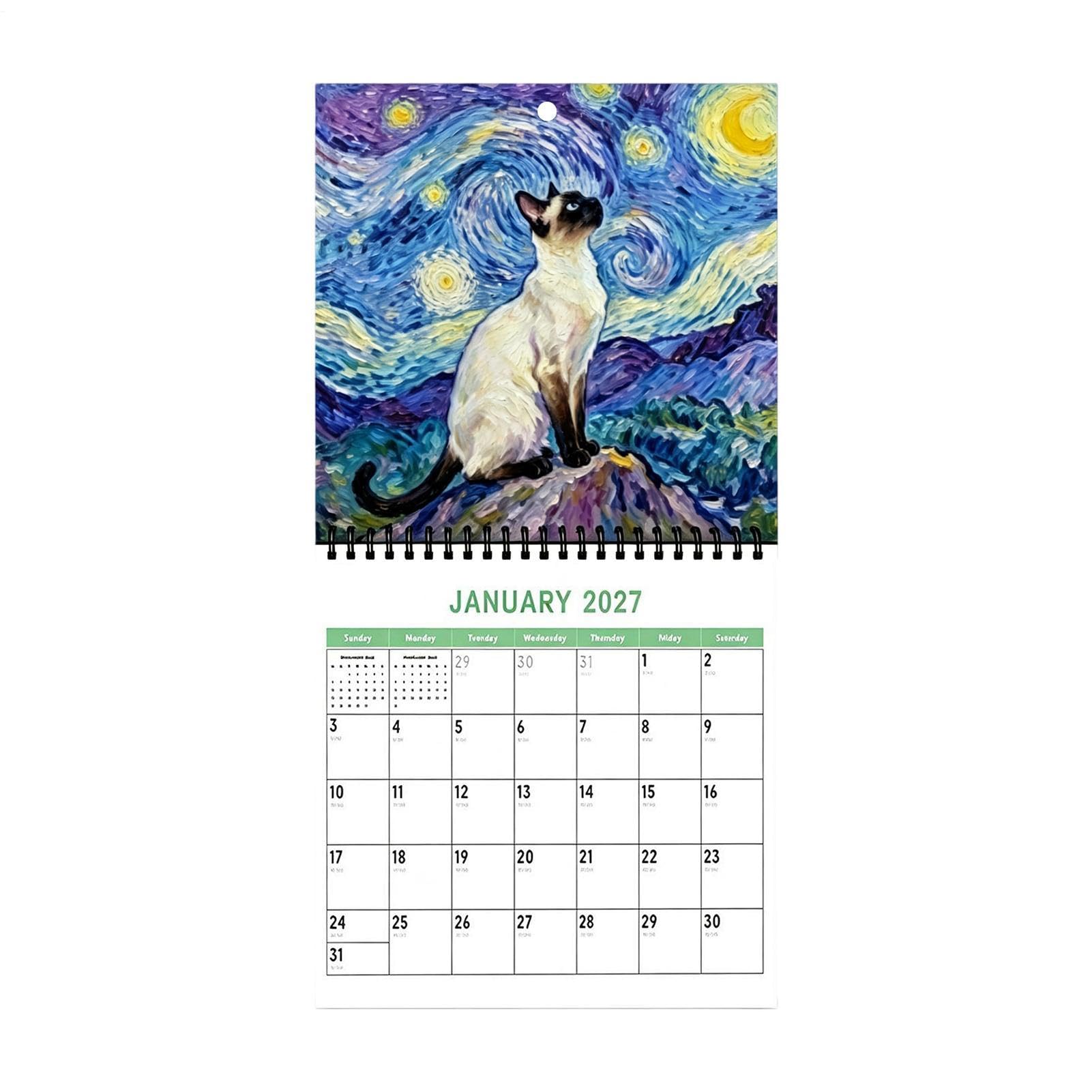 2027 Katzen-Wandkalender Januar-Dezember 2027 Berühmte Gemälde Katze | 12-Monats-Kalender mit Spiralbindung Für Zuhause, Wohnung, Flur, Küche, Arbeitszimmer, Büro, Studio, Café, A