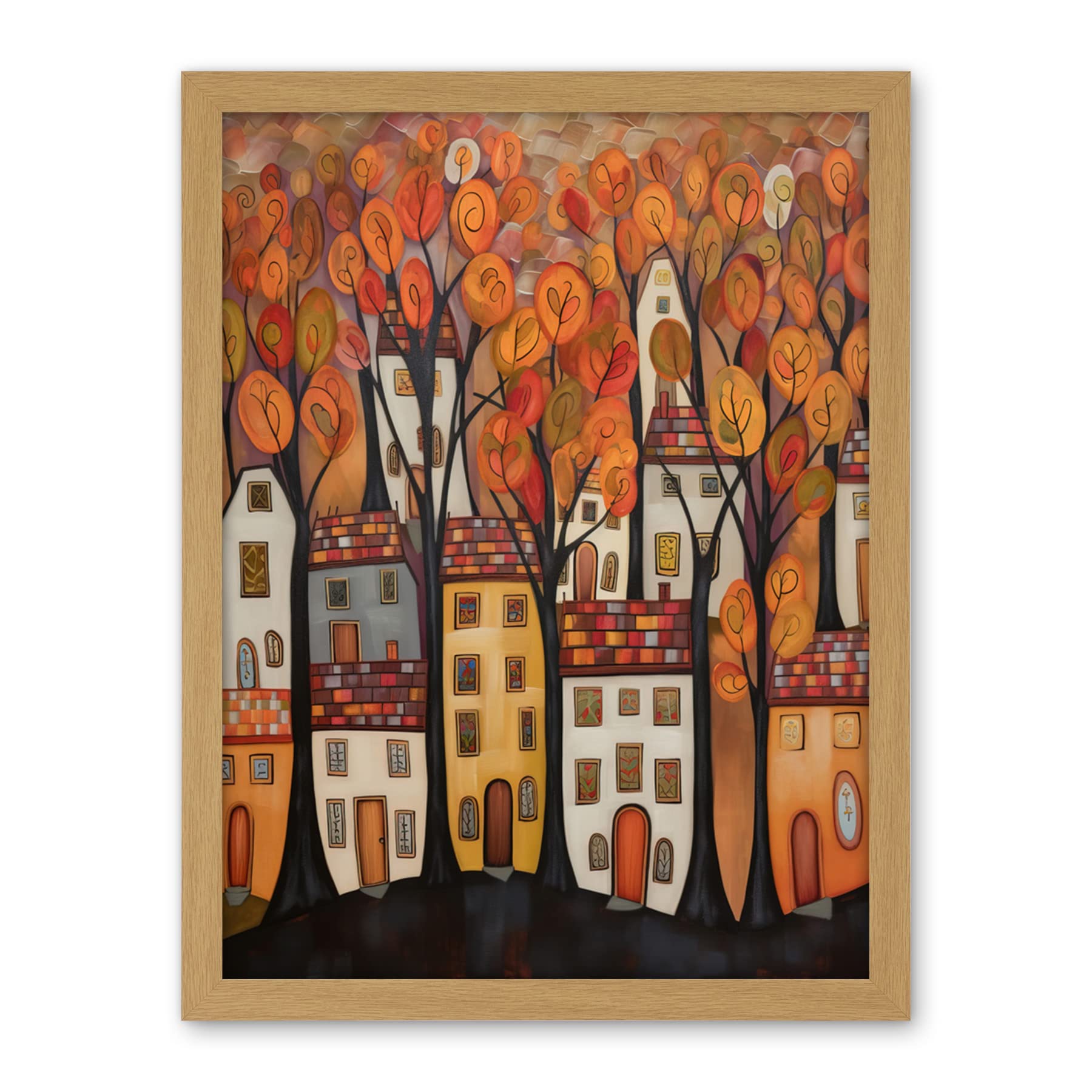 Artery8 Cityscape With Trees In Autumn Contemporary Folk Art Painting Artwork Framed Wall Art Print 18X24 Inch