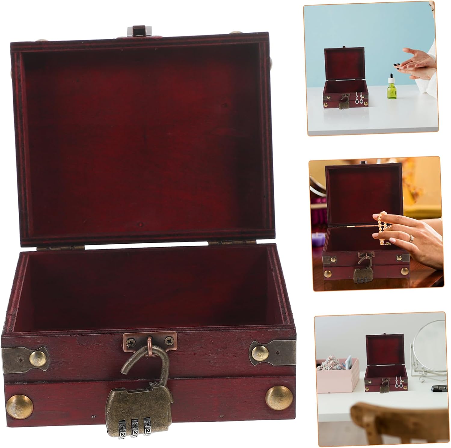 KOMBIUDA 6814a Retro Wooden Treasure Chest Lock Vintage Jewelry Box for Sundries Items Ample Storage for Organized Display Photography Prop and Decorative Accent