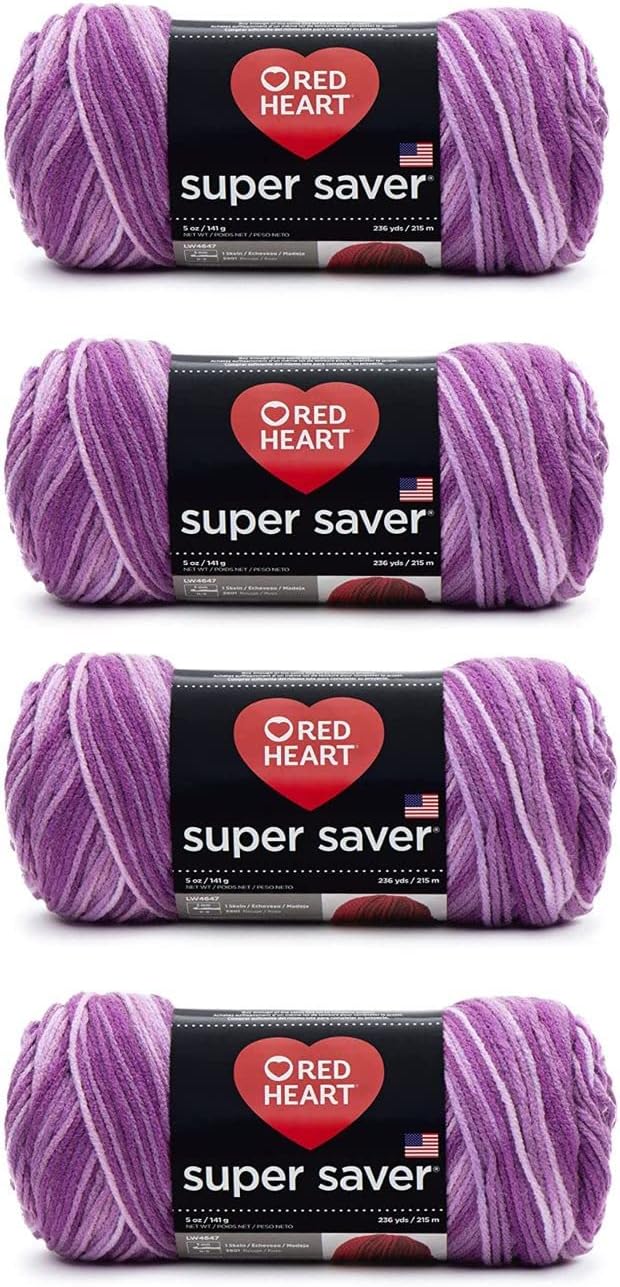 Bulk Buy - Red Heart Super Saver Purple Tones Yarn - 4 Pack of 141g/5oz - Acrylic - 4 Medium (Worsted) - 364 Yards - Knitting/Crochet