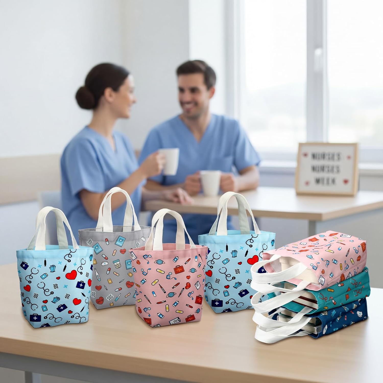 12 Pcs Nurse Week Gifts for Women Mini Canvas Tote Bags 6 Cute Nurse Gifts 2026 Themed Designs, Reusable Small Totes for Appreciation Week Daily Storage