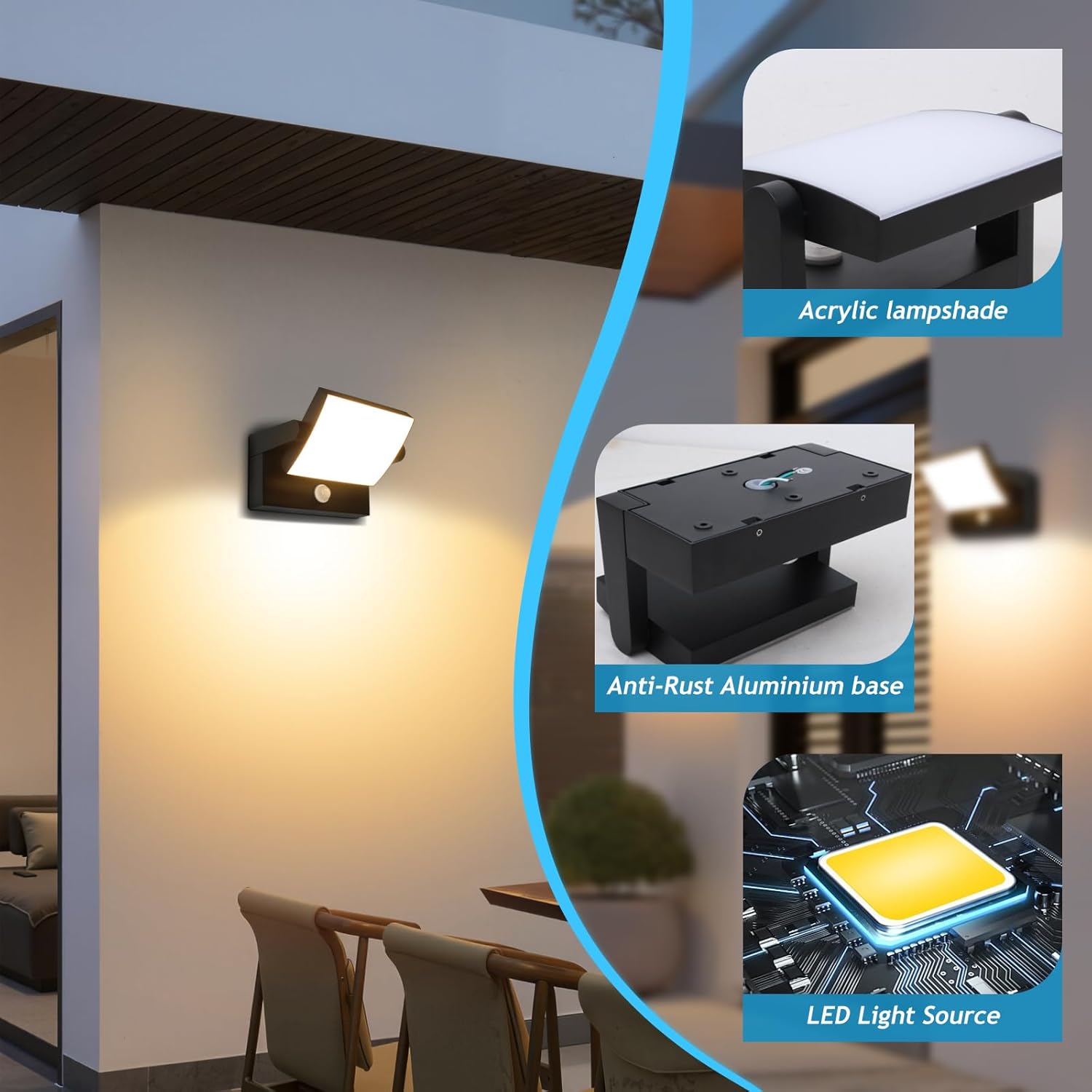 Motion Sensor Outdoor Light Black 350 °Rotatable 18W 1980LM Modern Porch Light IP65 Waterproof Wall Sconce for Outside 3000K Warm White Patio Light for Entrance Doorway House Gardern Garage
