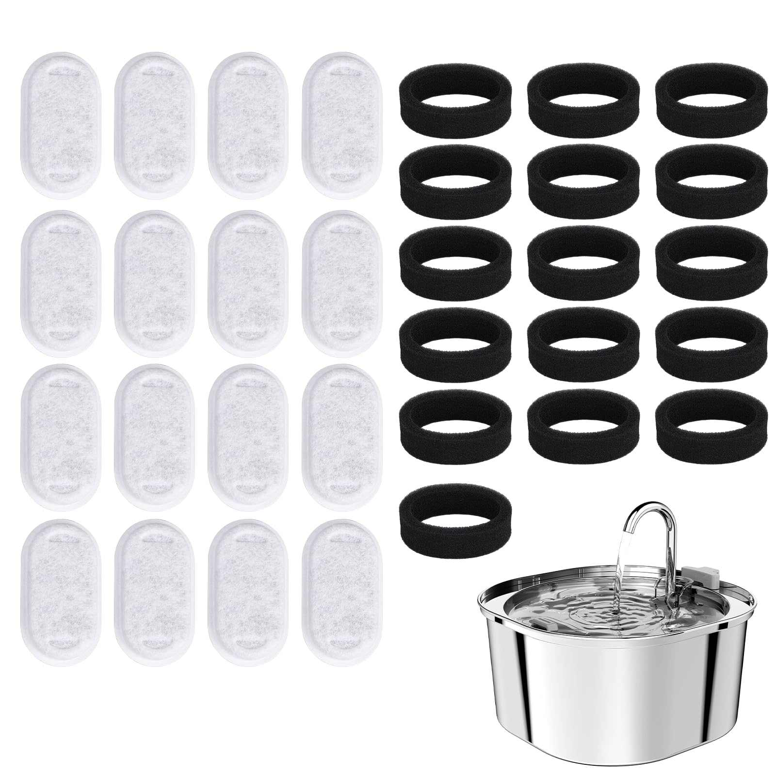32Pcs Cat Water Fountain Filters, Cat Fountain Filters Set, 16Pcs Activated Carbon Filter and 16Pcs Foam-Filter for 3.2L/2L Cat Water Fountain, Triple Filtration High efficiency pet fountain filters