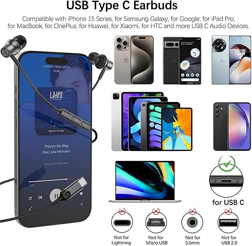 Miniatura 9 de COOYA Auriculares USB C tipo C con cable para iPhone 15 Pro Max Galaxy S24 Ultra iPad 10 con aislamiento de ruido magnético + micrófono para Samsung