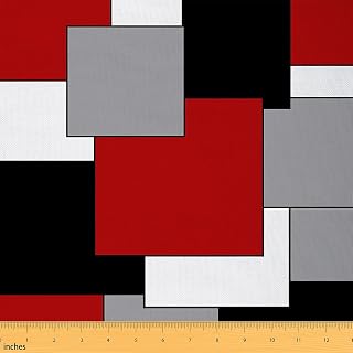 Red Grey White Black Fabric by The Yard,Geometric Square Upholstery Fabric,Stripes Lines Decorative Fabric Modern Abstract Grid Indoor Outdoor Fabric Waterproof,1 Yard,Black
