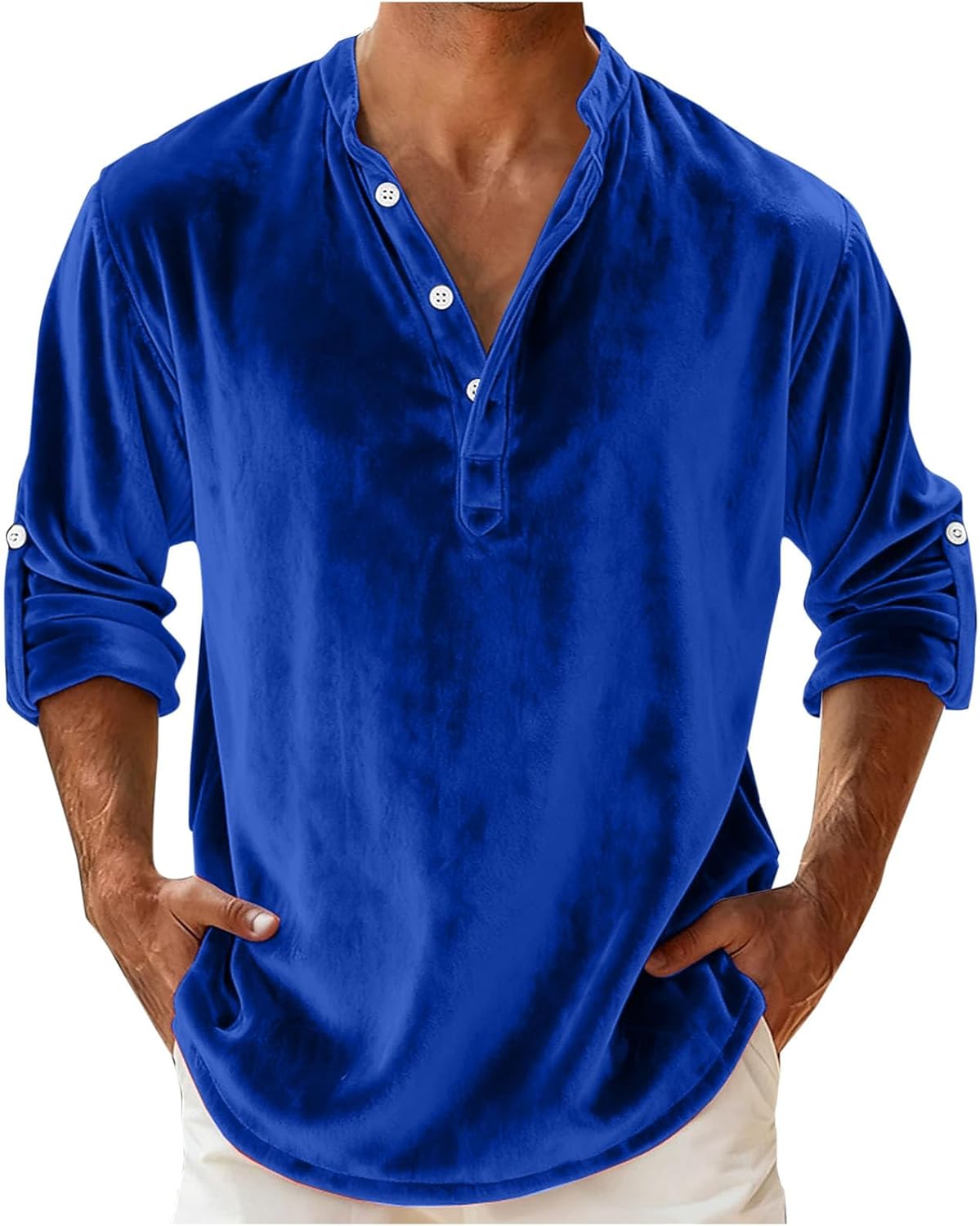 Cambkatl Loose Velvet Henley Shirts for Men Button Up V Neck Long Sleeve Vintage Business Casual T-Shirt