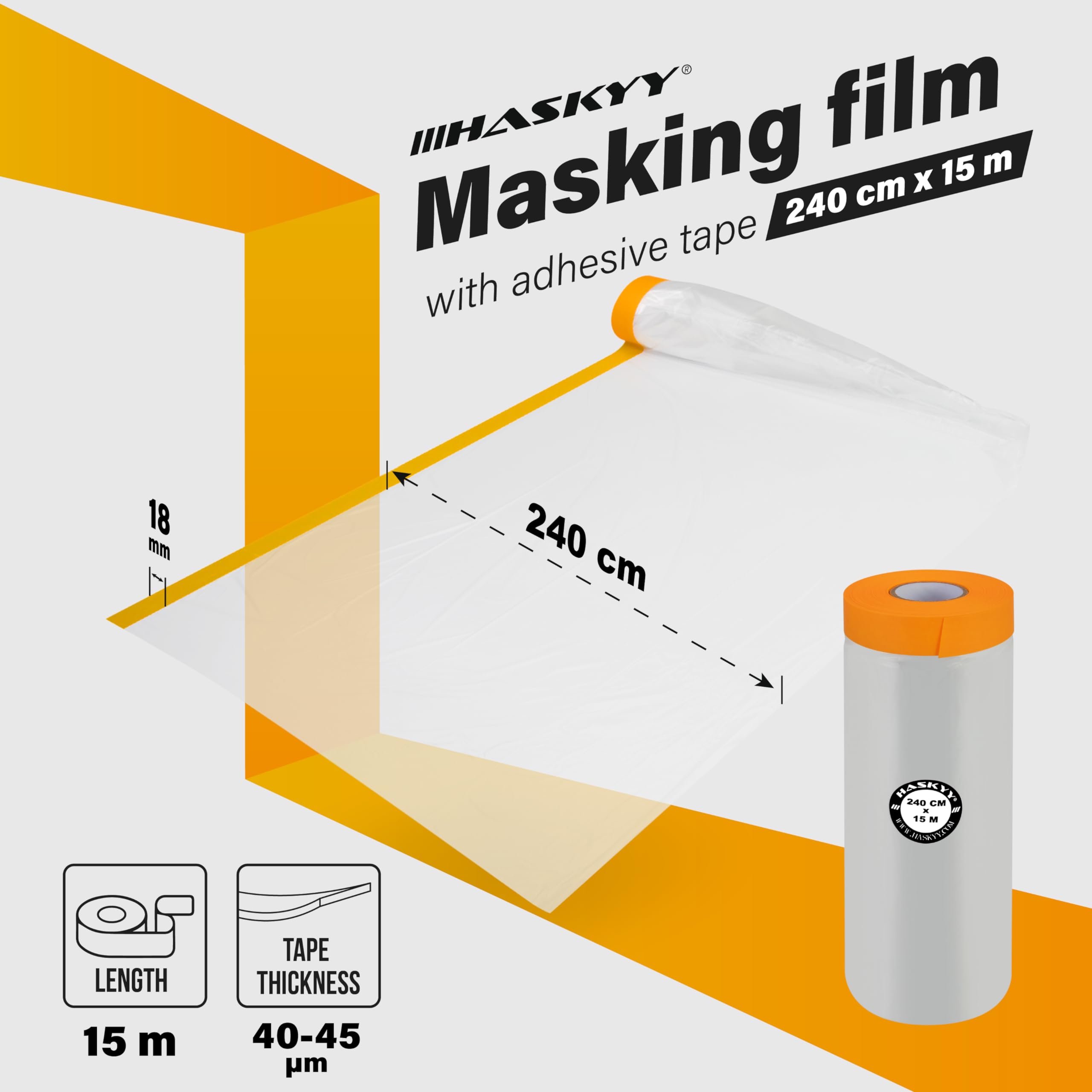 HASKYY 10 láminas protectoras para pintor, 240 cm x 15 m, cinta adhesiva de construcción, cinta dorada