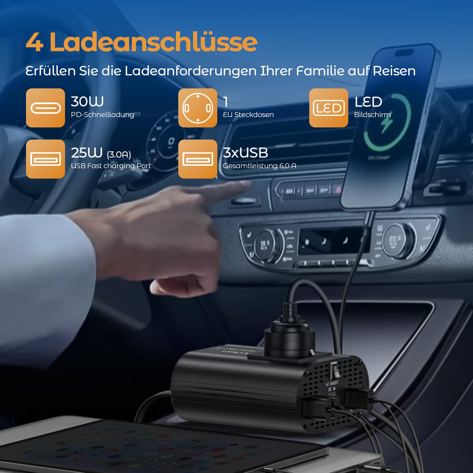 300W Wechselrichter 12V auf 230V, spannungswandler 12v 230v mit 1 Steckdosen、Type-C 30W、USB-Schnellladung 25W、3 USB-Anschlüsse, LED-Anzeige, Laden von Handys, Laptops und Anderen Geräten