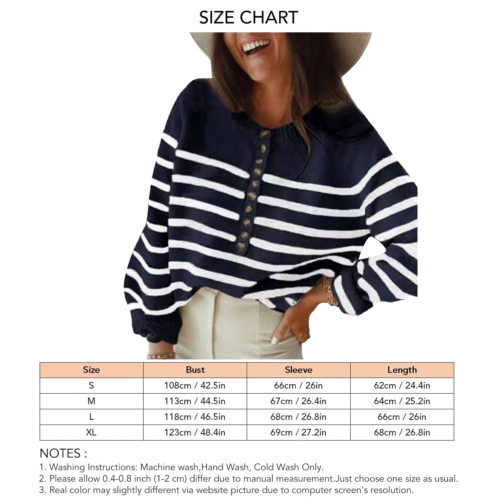 Maglione da donna a righe, girocollo, a maniche lunghe, con bottoni, alla moda, casual, per autunno e inverno