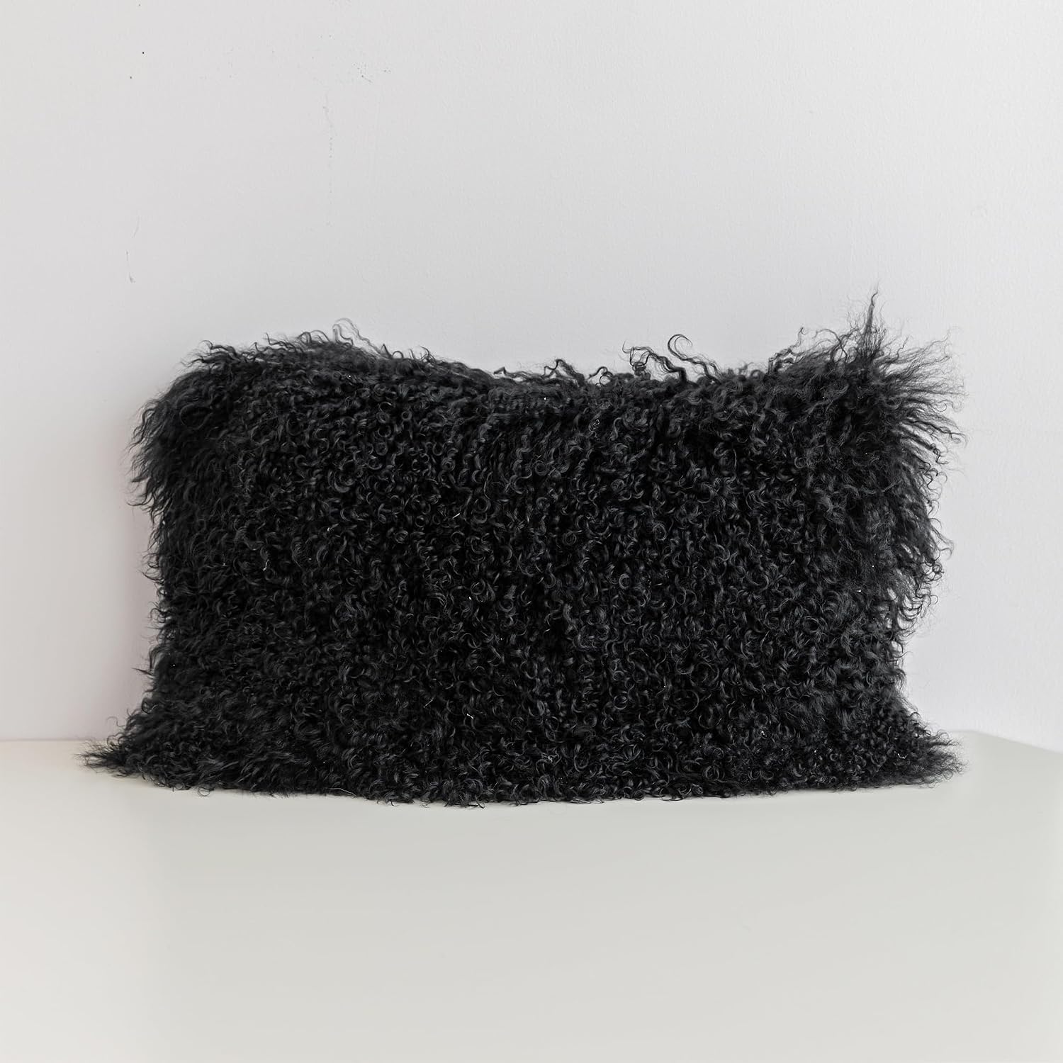 MOOX Mongolian Lamb Fur Pillow Covers Lumbar Throw Sheepskin Pillow Case Genuine Wool Fur Tibetan Accent Living Room Bedroom Decorative Cushion Cover (12 * 20inch Black)