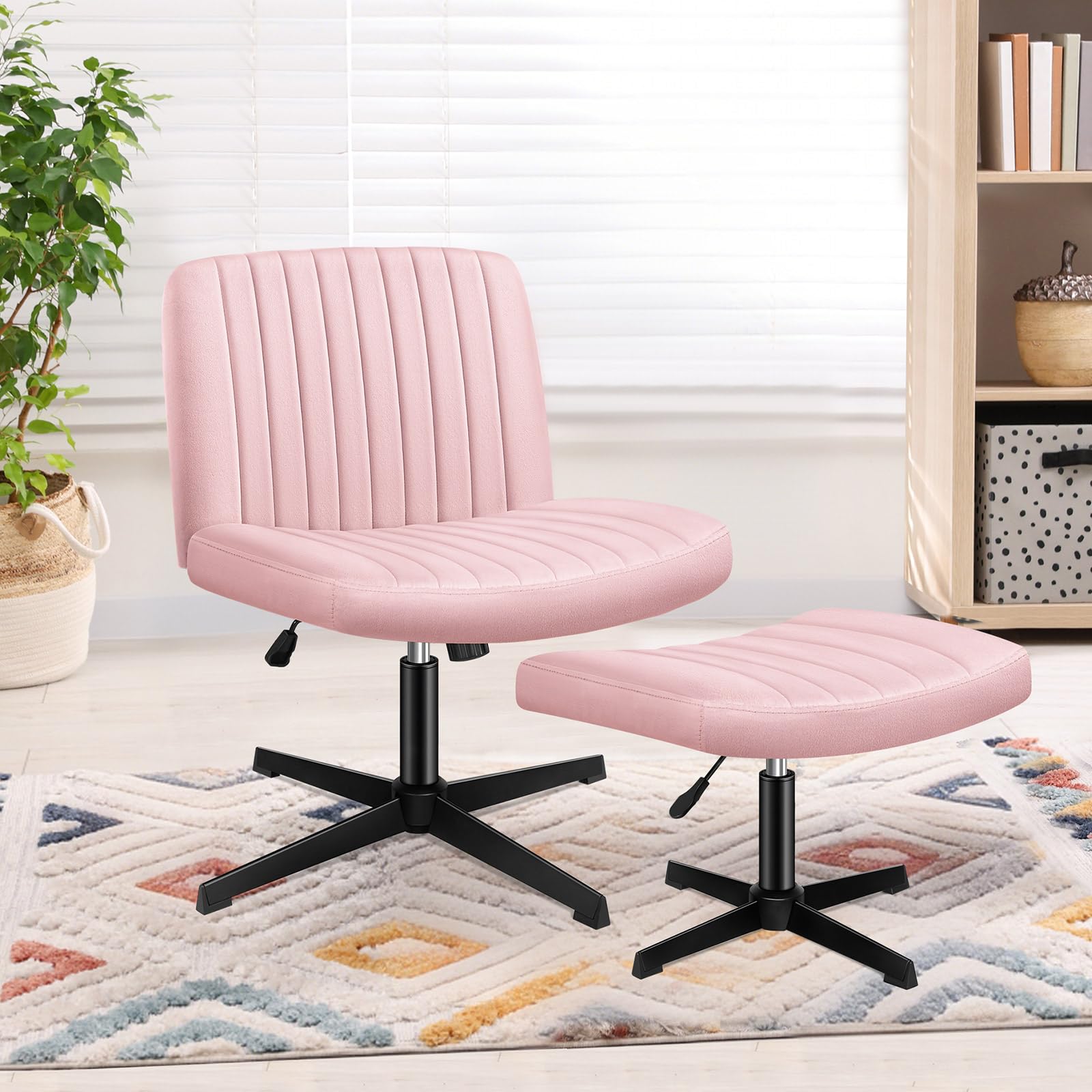 ELFORDSON Cross Legged Office Chair with Ottoman, Wide Seat Armless Desk Chairs No Wheels, Criss Cross Chair Mid-back Vanity Chair for Home Office, Height Adjustable 360ยฐ Rotatable, Velvet, Pink โ image 1