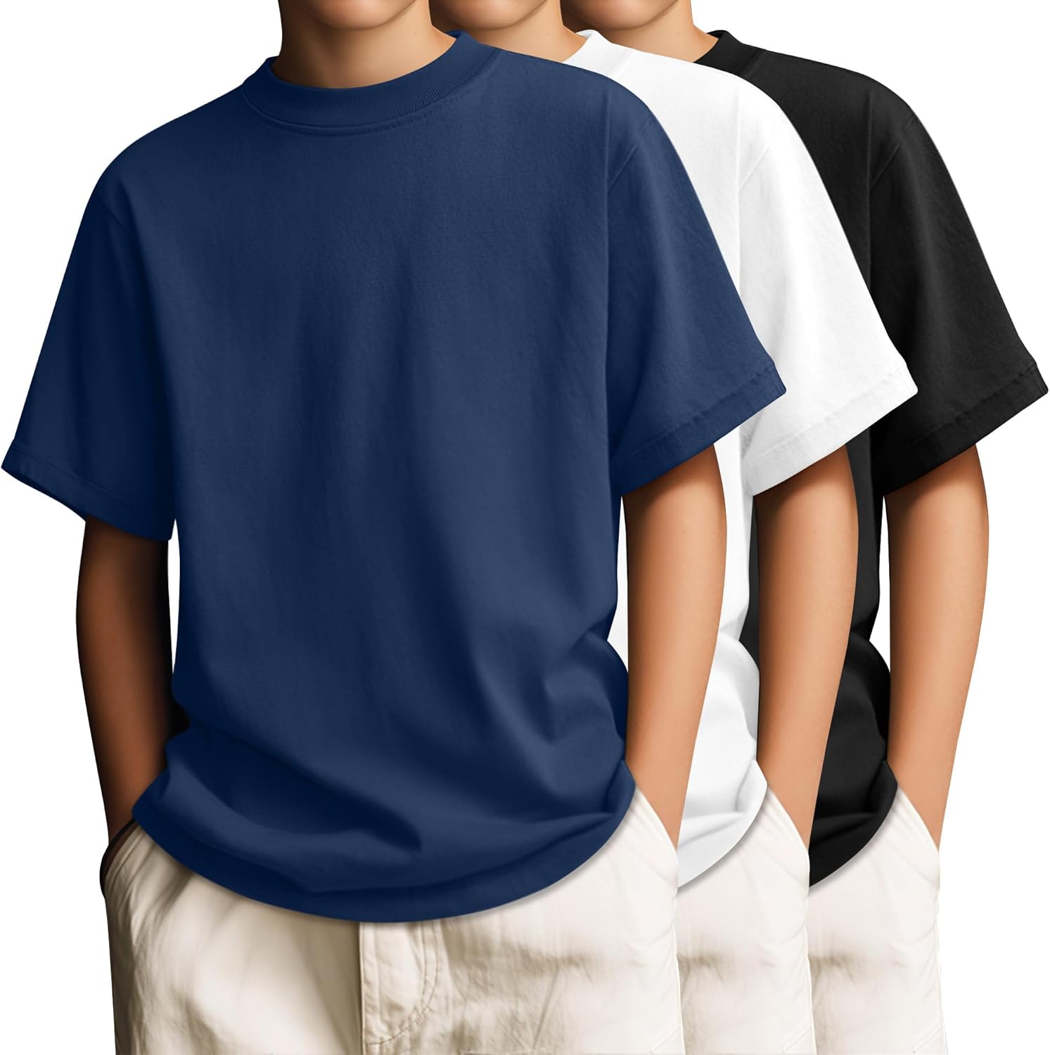 3 Pack Boys' T-Shirts Short Sleeve Crew Neck Kids Shirts Loose Fit Teen Basic Soft Plain Tees