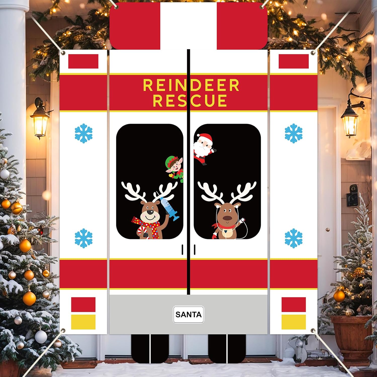 4Pcs Christmas Door Decorations Rescue Vehicle Door Cover Christmas Deer Porch Banners Xmas Santa Hanging Porch Signs Backdrop for Winter Holiday Party Classroom Home Decor