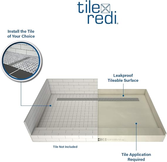 Tile Redi RT3048L-PVC-SQBN Shower Pan with Left Drain- Single Curb Shower Base, 2 PVC Drain, and Grate Included, 48 Width x 30 Depth