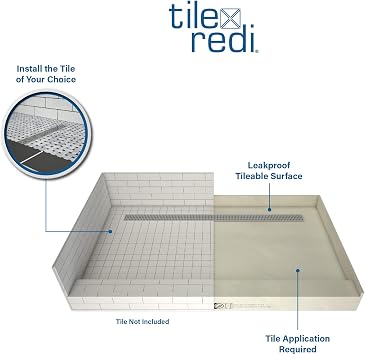 Tile Redi RT3048L-PVC-SQBN Shower Pan with Left Drain- Single Curb Shower Base, 2 PVC Drain, and Grate Included, 48 Width x 30 Depth