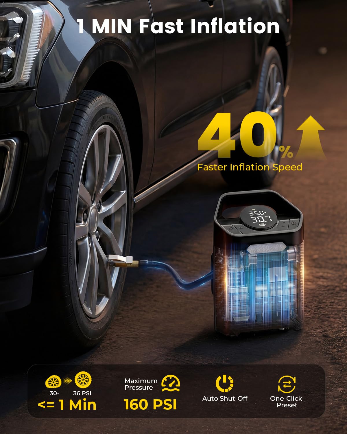 Compressore d'aria portatile, gonfiaggio rapido di 1 minuto, senza fili, pompa ad aria portatile per pneumatici auto con manometro digitale, pompa ad aria elettrica da 160 psi, con luce a LED, per