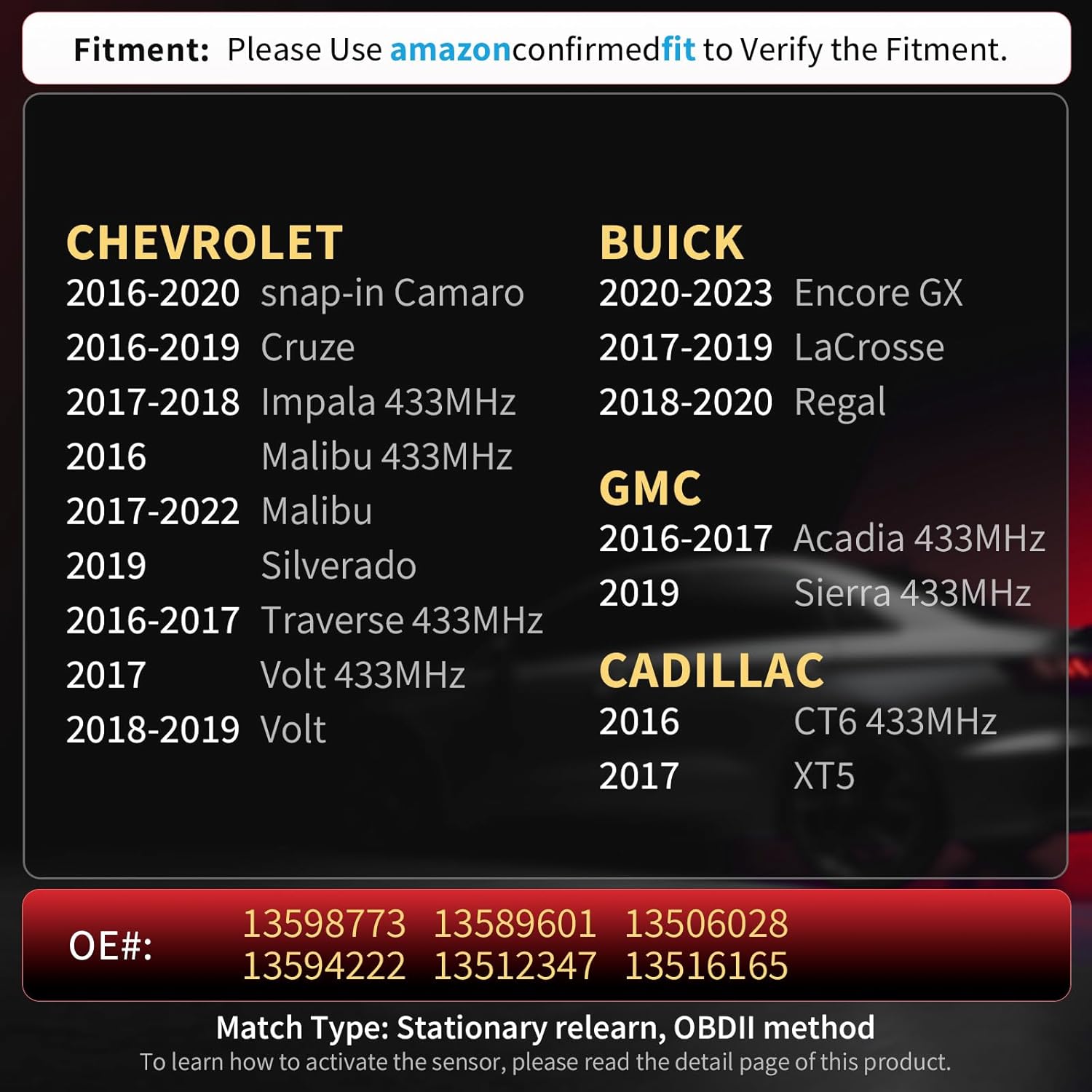 Marsflex TPMS Sensor 13598773 433MHZ Fit for Chevy GMC Cadillac Buick, Tire Sensors for Chevrolet Malibu Silverado Impala Cruze Regal Lacrosse, Tire Pressure Monitoring Sensor Replaces# 13516165 4PCS