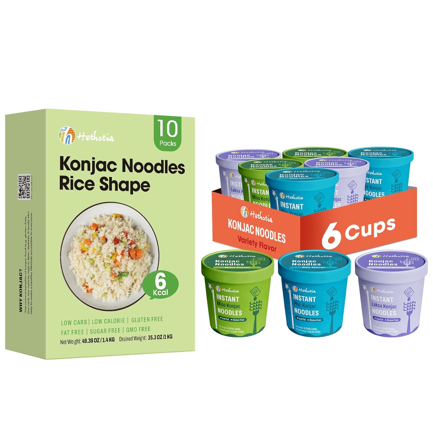 Hethstia Konjac Rice, 16 Packs Low Carb Konjac Noodles Cup Shirataki Rice, Keto, Vegan, Gluten-Free, Sugar-Free, Low Calorie, Low Carb, Ready-to-Eat, Healthy Food & Holiday Gifts