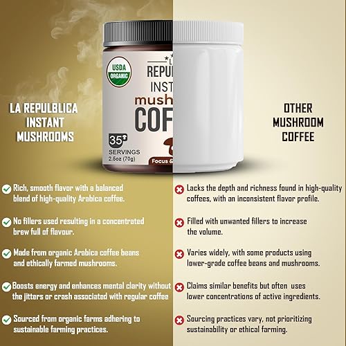 Miniatura 5 de La Republica Café orgánico de hongos 30 porciones con 7 setas superalimentos café instantáneo arábica de gran sabor incluye melena de león Reishi