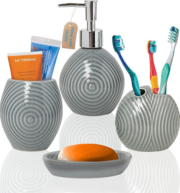 Designer 4-Piece Bathroom Accessory Set  Ceramic Bath Set w/ Liquid Soap or Lotion Dispenser, Toothbrush Holder, Tumbler and Soap Dish  Decorative Set w/ Embossed Details  Modern Vanity Accessories