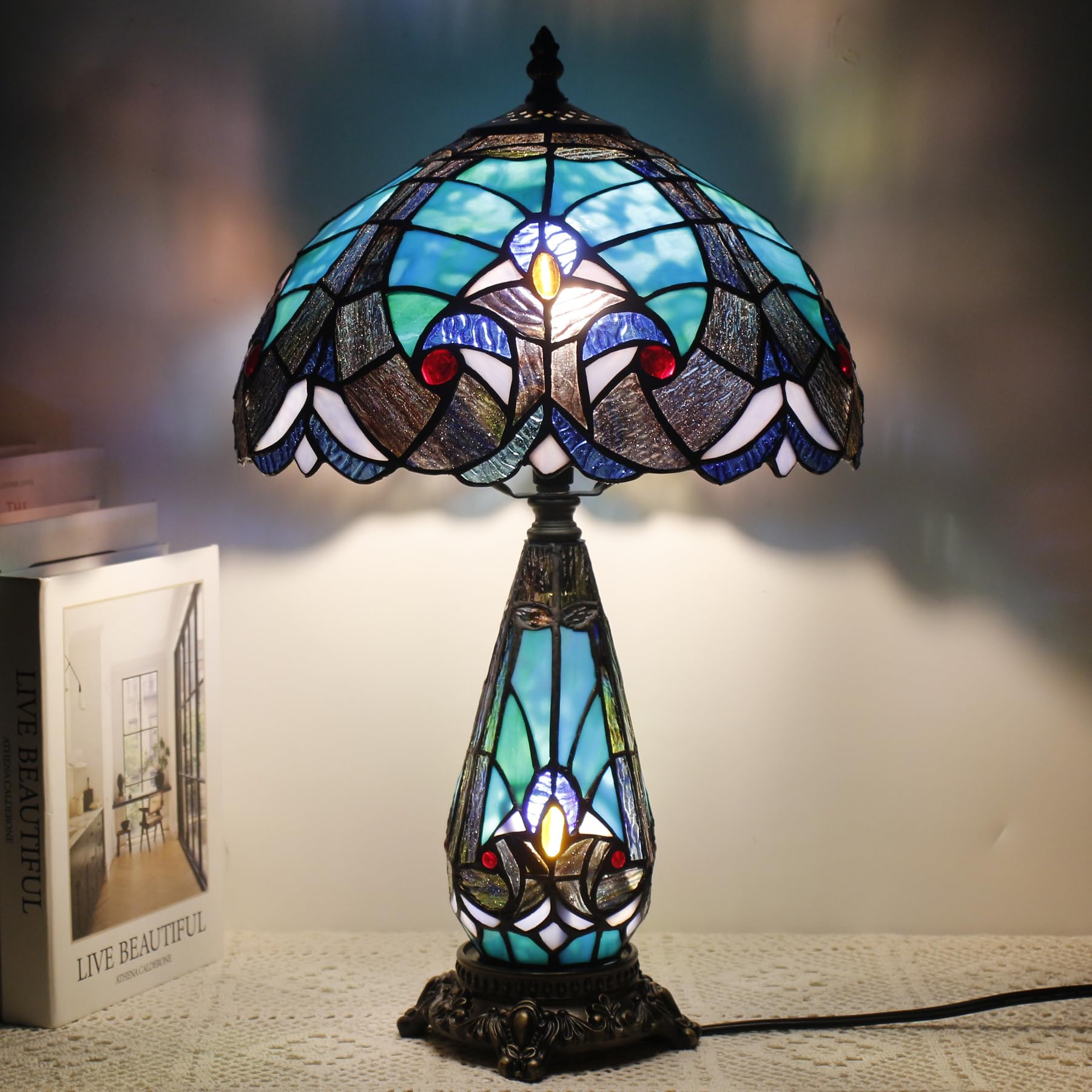 TCODTPOL Tiffany Stained Glass Table Lamp 12X19 Inches,Green Liaison