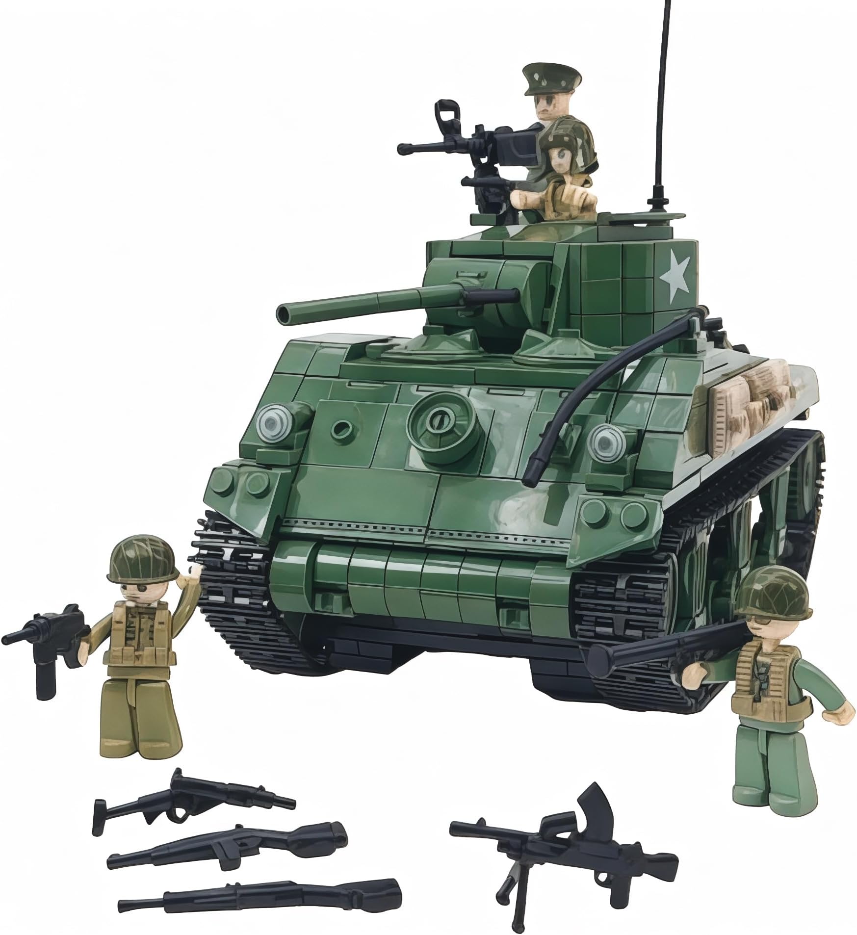 General Jim's WWII M4A1 Sherman Tank Brick Building Blocks Set, 726 Pieces, 1:29 Scale, Rotating Turret, Moving Tracks, Compatible with Major Brands, GJ-USSH