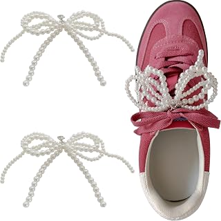 2 Pcs Pearl Bow Shoe Charms for Sneakers, Shoe Lace Decoration Charm for Women, Elegant Girly Buckle Pearl Beaded Chains Charms, Coquette Shoe Jewelry Accessories, White
