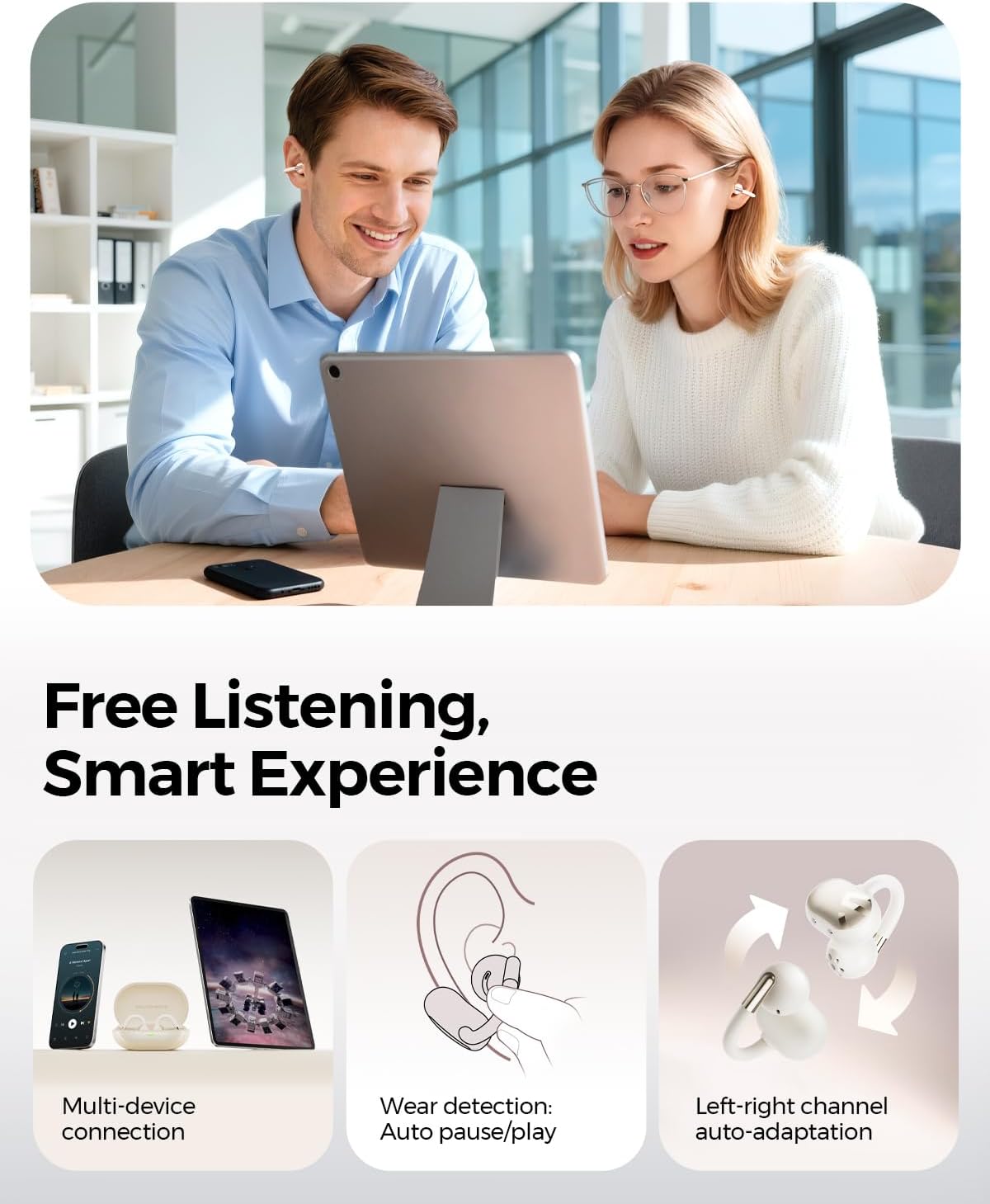 SoundPEATS Clip1 Ultra Comfort Open Ear Clip-On Earbuds, Featherlight for All-Day Wear with Glasses, 40H Playtime, Crystal Clear Calls, Fast Charging, IPX5, Bluetooth 5.4 for Office Home