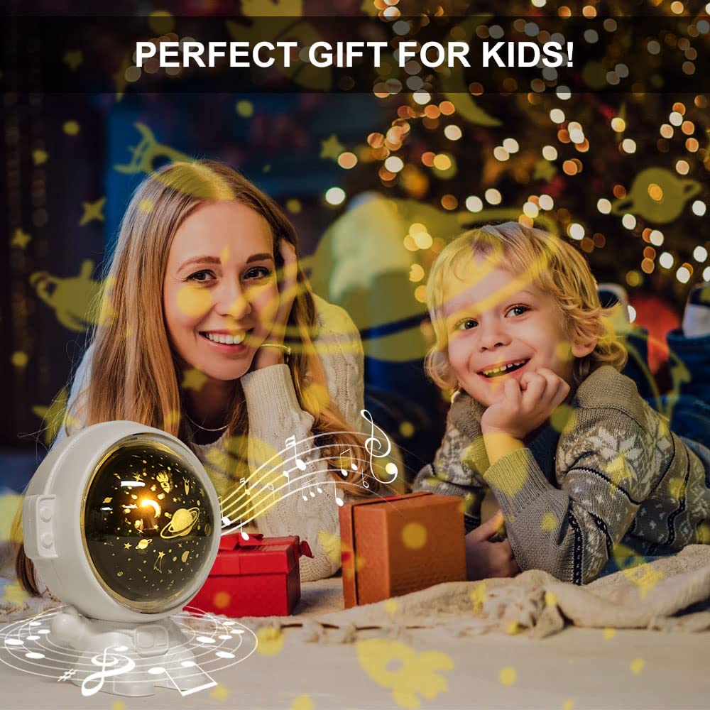 URAQT Luci di Proiezione dell'Astronauta, Rotazione a 360° di Proiettore Stelle Bambini, 8 Tipi di Musica Lampada di Proiezione Astronauta con Ricarica USB, Giocattolo e Regalo per Bambini e Neonati