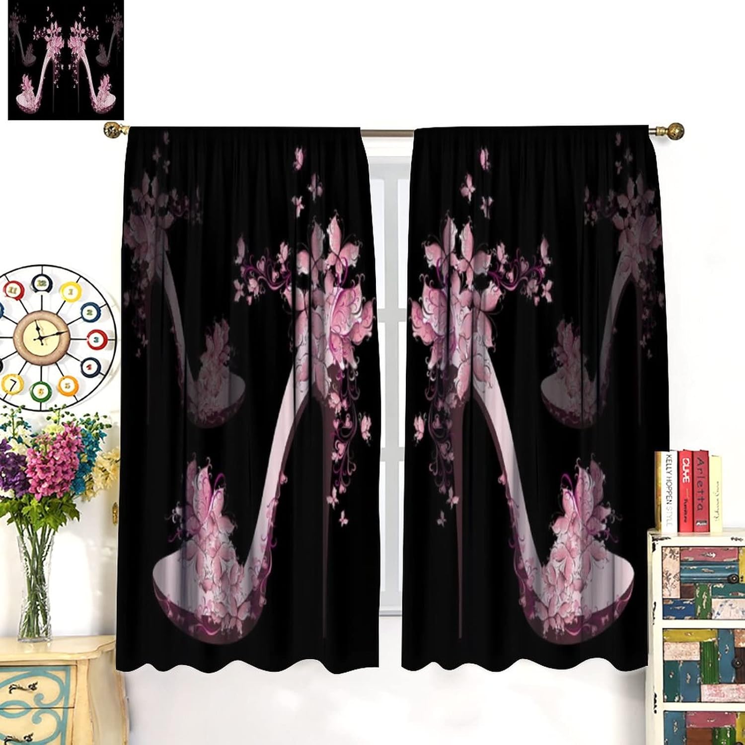 High Heels Blackout Curtains Beautiful Pink Butterfly High Heels Black Art Print for Girls Women Bedroom Bathroom Living Room Decor Rod Pocket Window Drapes 2 Panels 72x63in