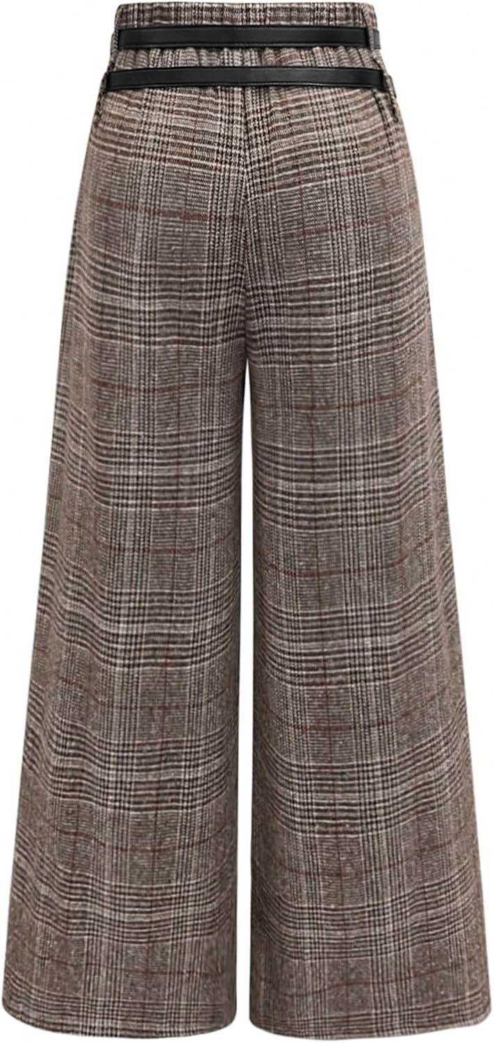 SOLY HUX Women's Plus Size Dress Pants Plaid Wide Leg High Waisted Work Office Tailored Pants with Belt - Image 2