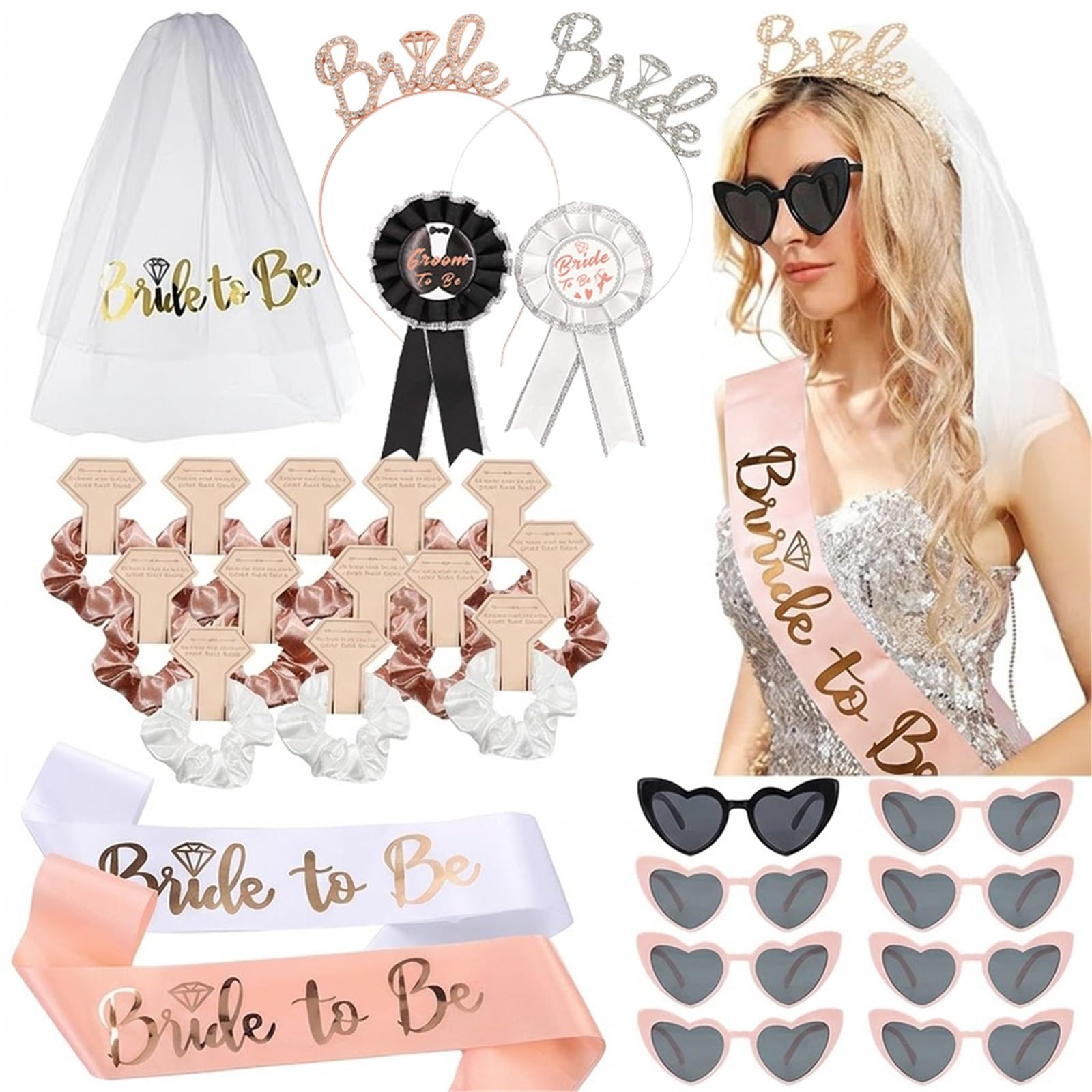 Evjf Veil Kit de décoration for enterrement vie jeune fille | Mariée à être voile ceinture diadème coeur lunettes de soleil équipe poule nuptiale douche fournitures
