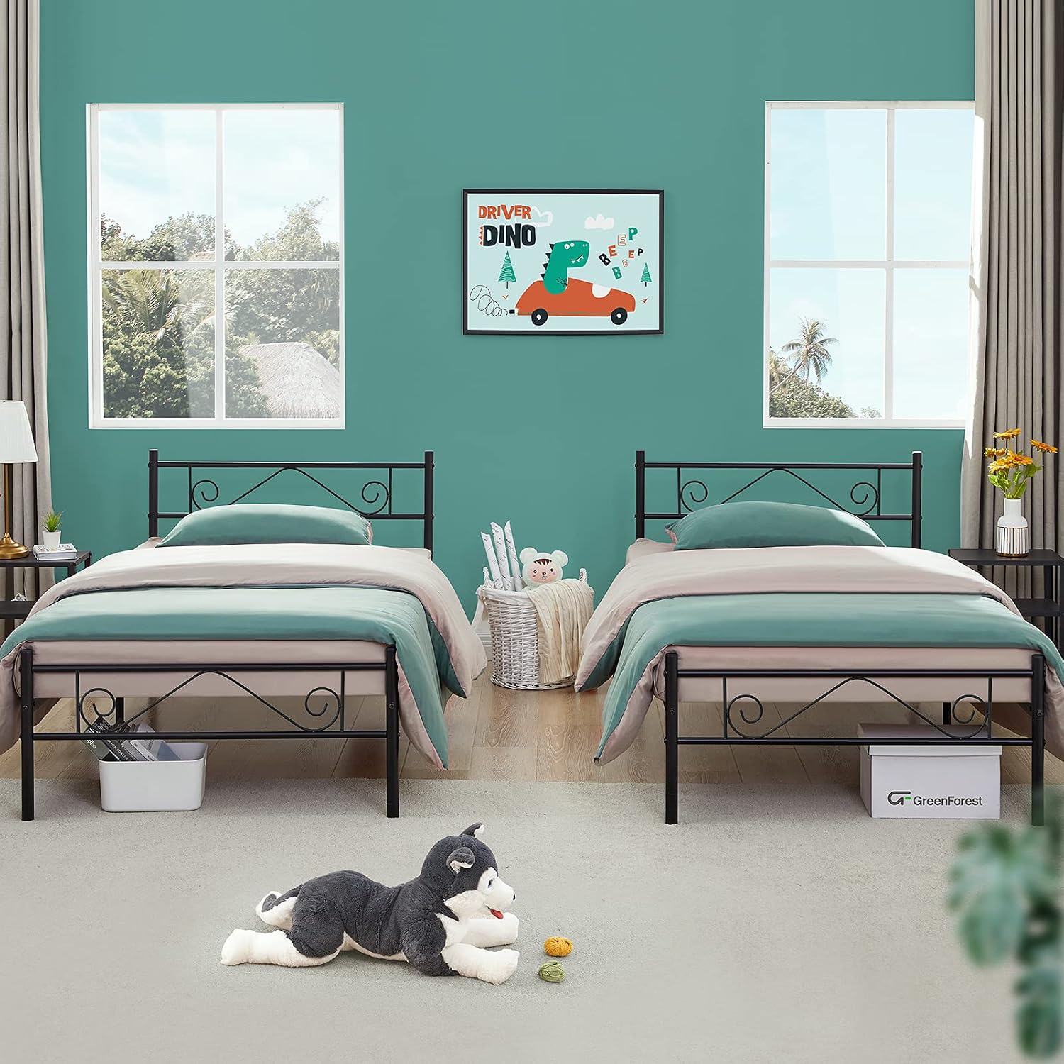 GreenForest Twin Bed Frame with Headboard, 12 Inch No Box Spring Needed Metal Bed Platform with Storage Space, Heavy Duty Slats Mattress Foundation, Black