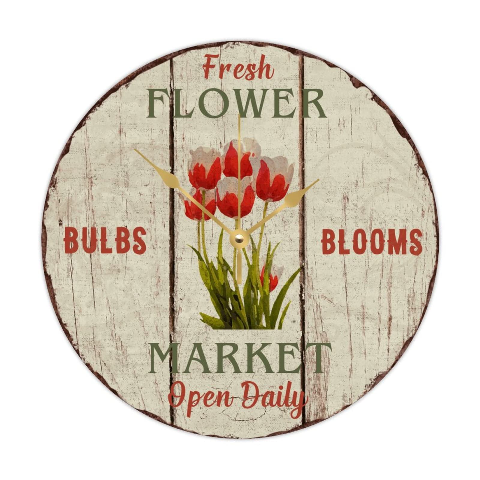 Horloge ronde en bois tulipes artisanale 38 cm horlogerie silencieuse haut de gamme