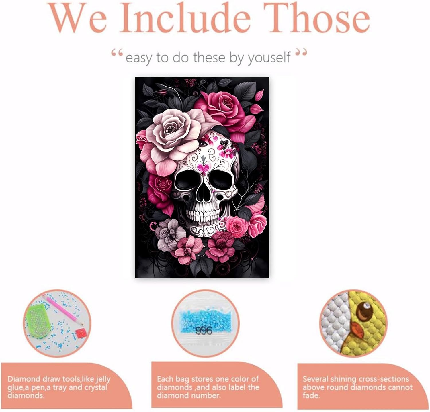 Gabbana Flower Skull Diamond Art Painting Kits for Adults - Round Full Drill Diamond Dots Paintings for Beginners, 5D DIY Skeleton Diamond Painting Gem Art Painting Kits 16x24 Inch
