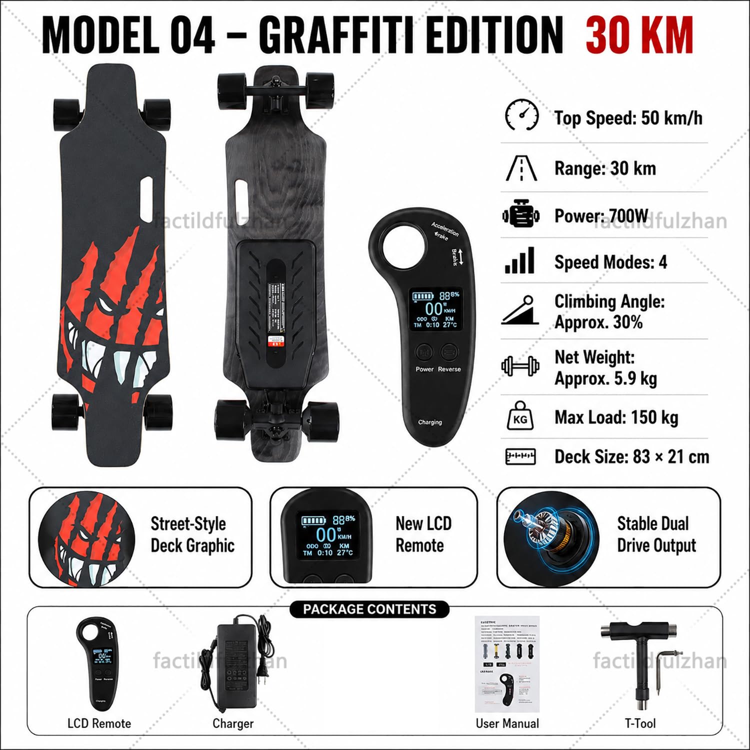 Elektro Longboard, Neues Elektrisches Skateboard mit LCD Remote, Dual Drive Output, 150 kg Belastung, 83 x 21 cm Ahorn-Deck, PU-Rollen, tragbares Board für Park und Campus B30km
